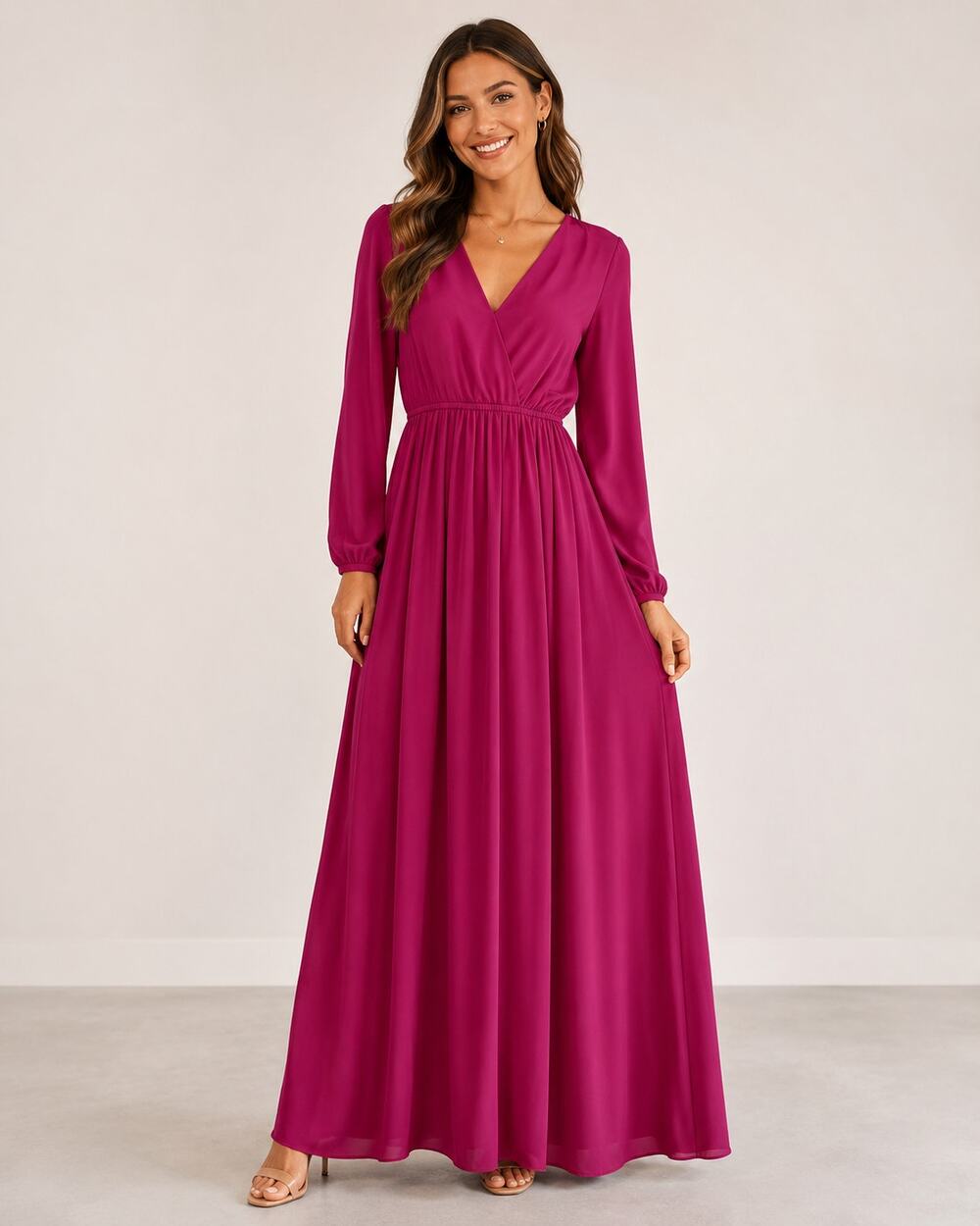 Lulus Pink Magenta Long Sleeve Maxi Formal Bridesmaid Dress Womens XS Faux Wrap